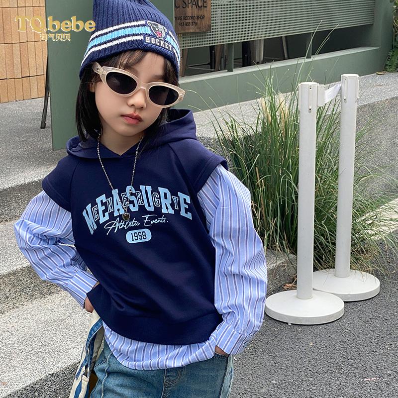 2025春季新款女大童卫衣时尚条纹拼接假两件连帽卫衣女童上装春款