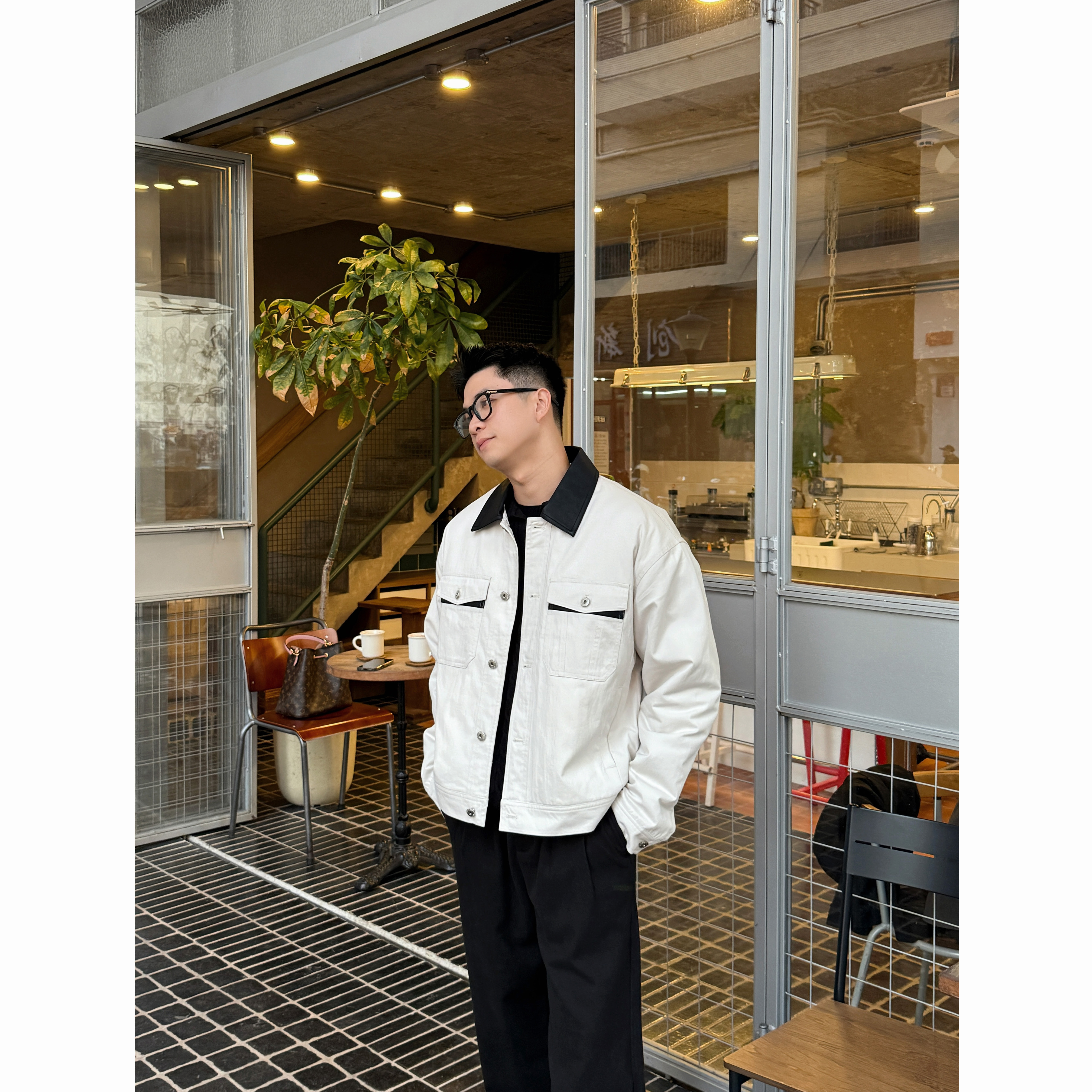 C / Cornelya痞帅谷仓夹克 ’夹棉经典混纺拼接皮领宽松休闲外套厚