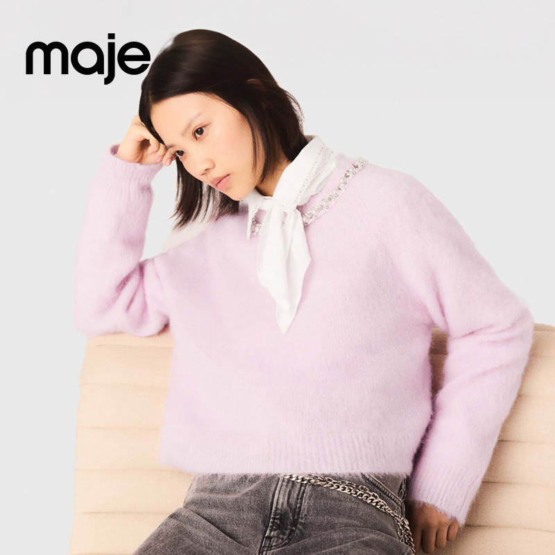 Maje2026春季新款时尚粉色仿钻饰领口长袖套头针织上衣MFPPU00999