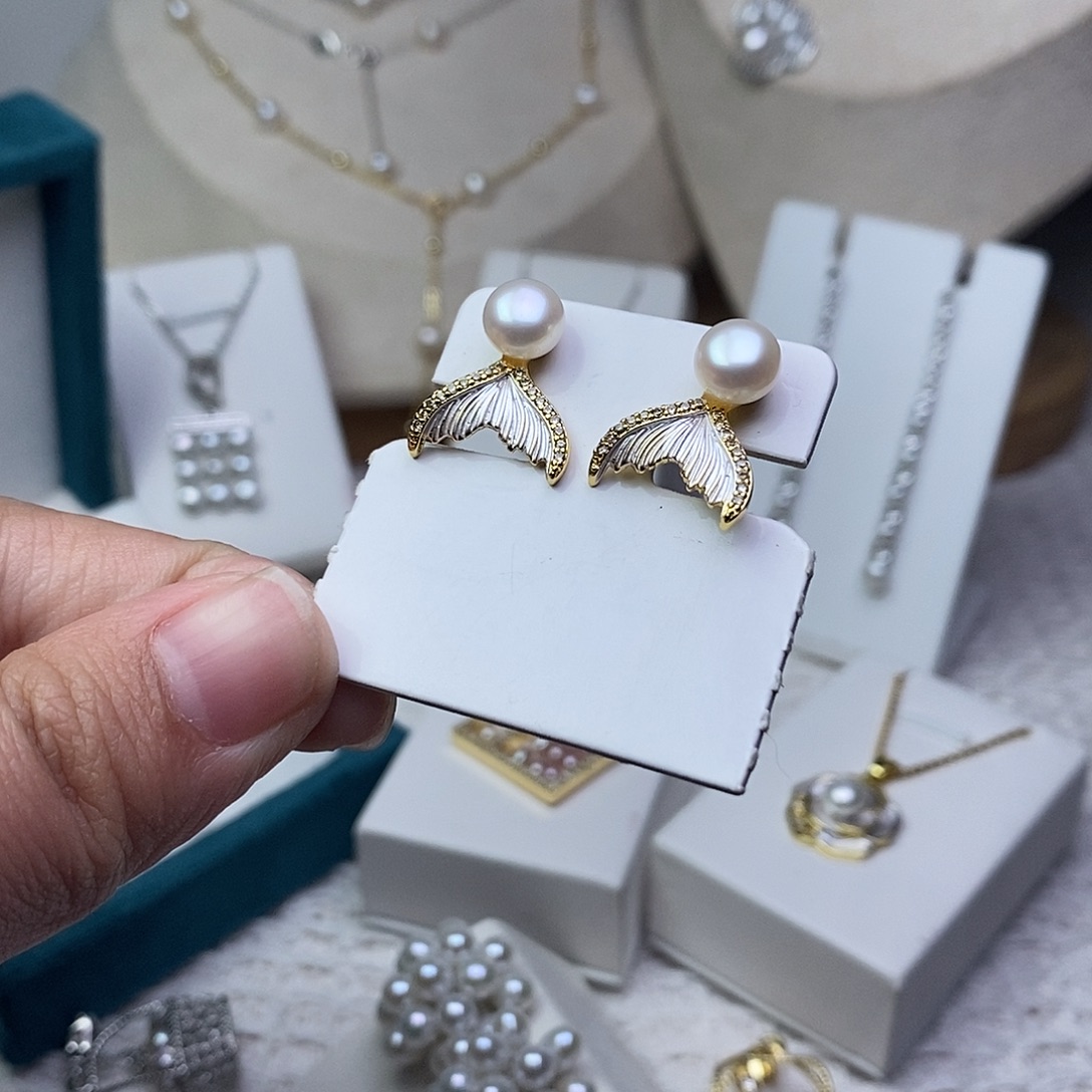 耳饰银S925镶嵌淡水珍珠