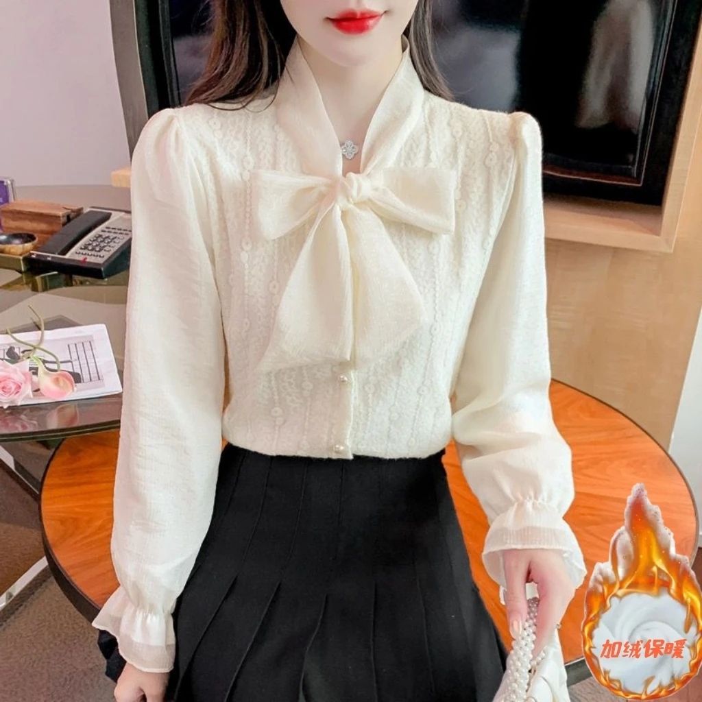 加绒法式V领蝴蝶结蕾丝衬上衣衫女秋冬季设计感小众喇叭长袖打底1