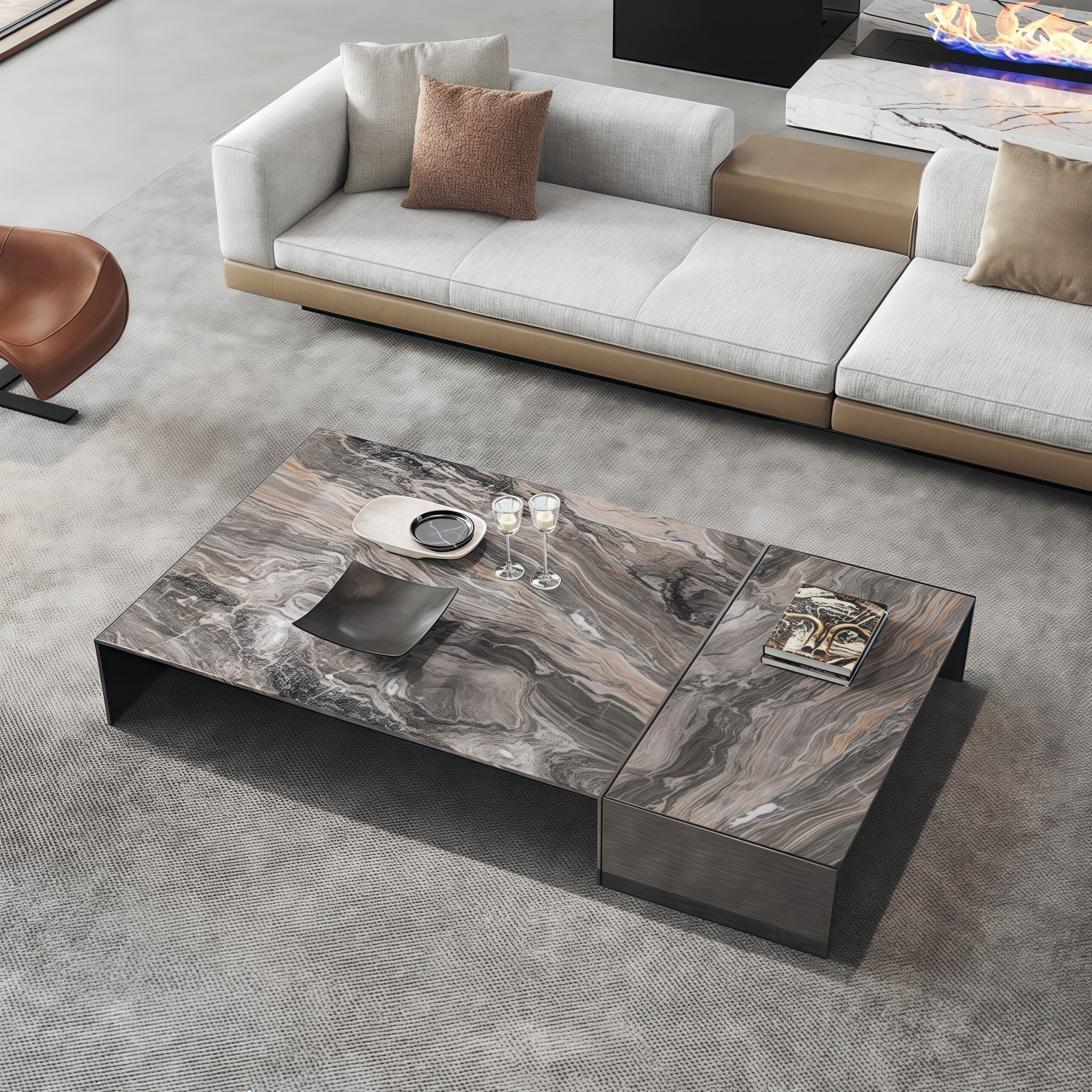 意式极简天然威尼斯棕大理石方几茶几组合矮茶桌客厅家用岩板边几