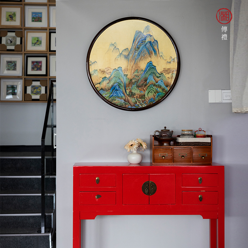 湘传礼湘绣直径60cm80cm千里江山刺绣茶室玄关挂画居家工艺礼挂画