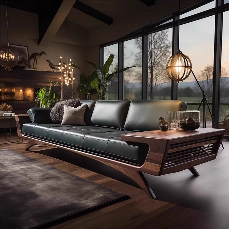 新中式沙发客厅2025新款胡桃木真皮三四人位实木办公直排皮艺沙发