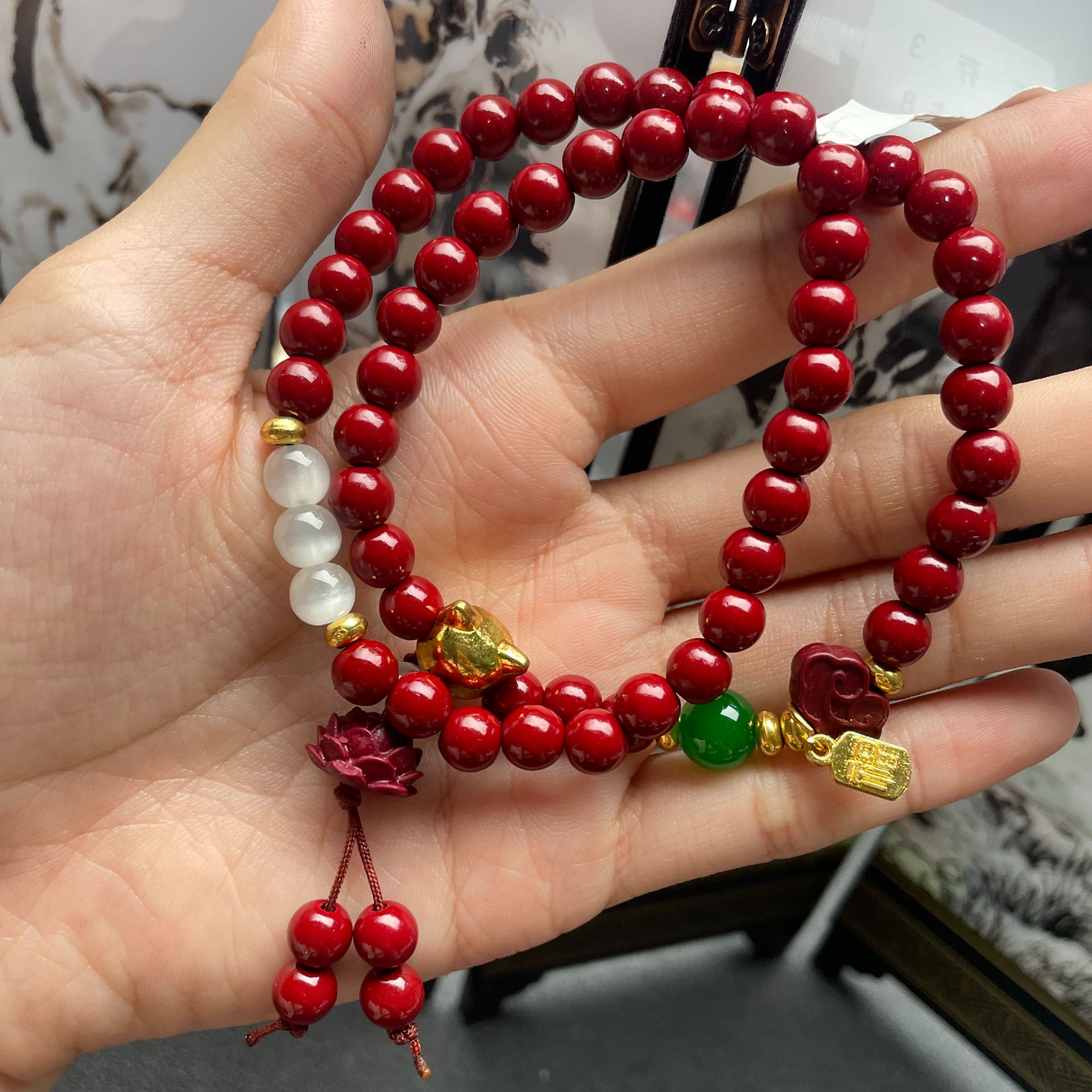 天然辰砂天然辰砂朱砂菩提多圈带招财猫072（无礼盒）