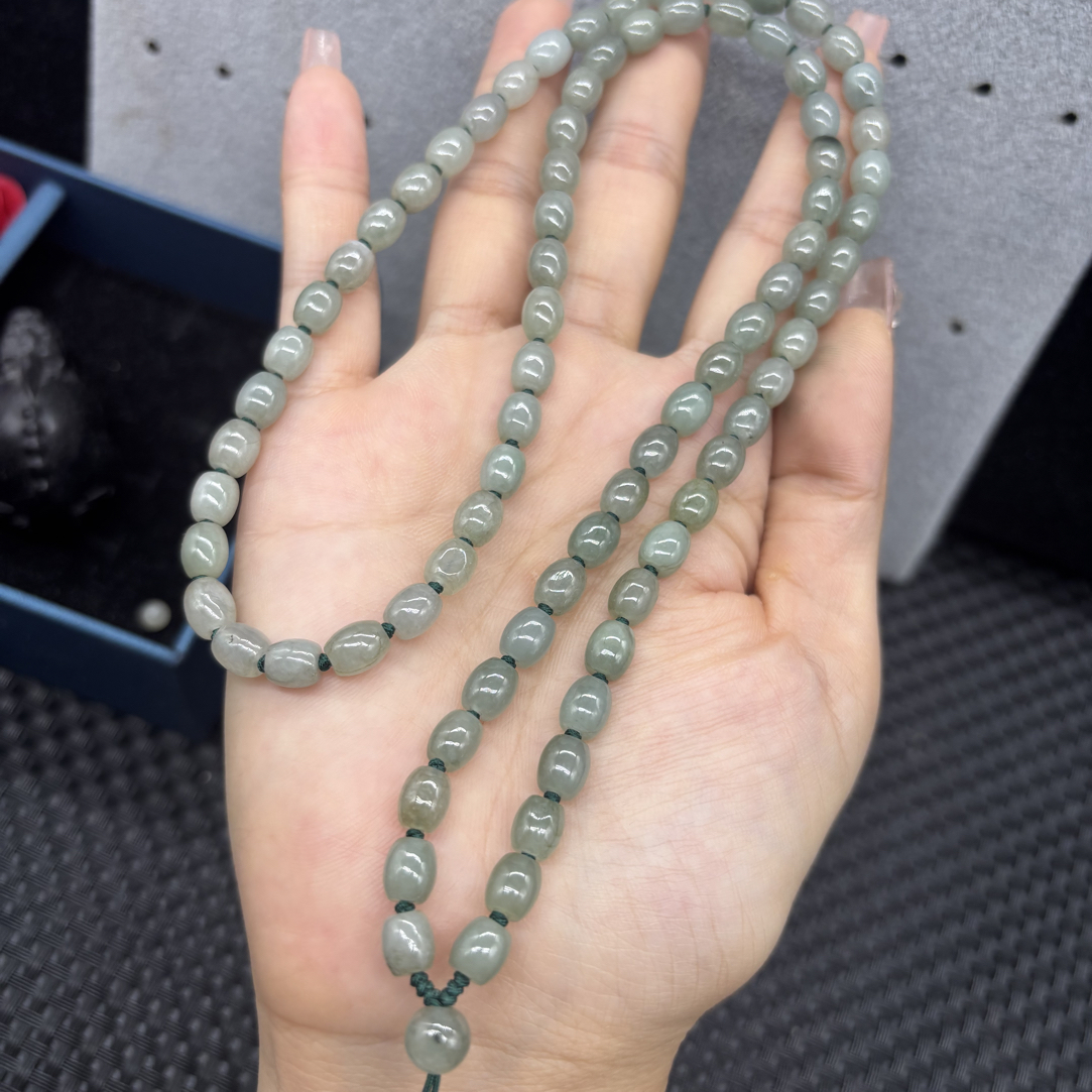 福利天然缅甸A货翡翠冰种油青米珠6mm玉石挂件绳毛衣链长链百搭款