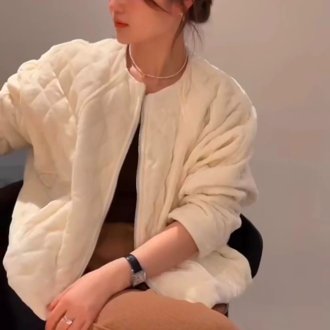 韩系圆领丝绒菱形格棉服外套女2025冬季宽松时尚百搭加厚保暖棉衣