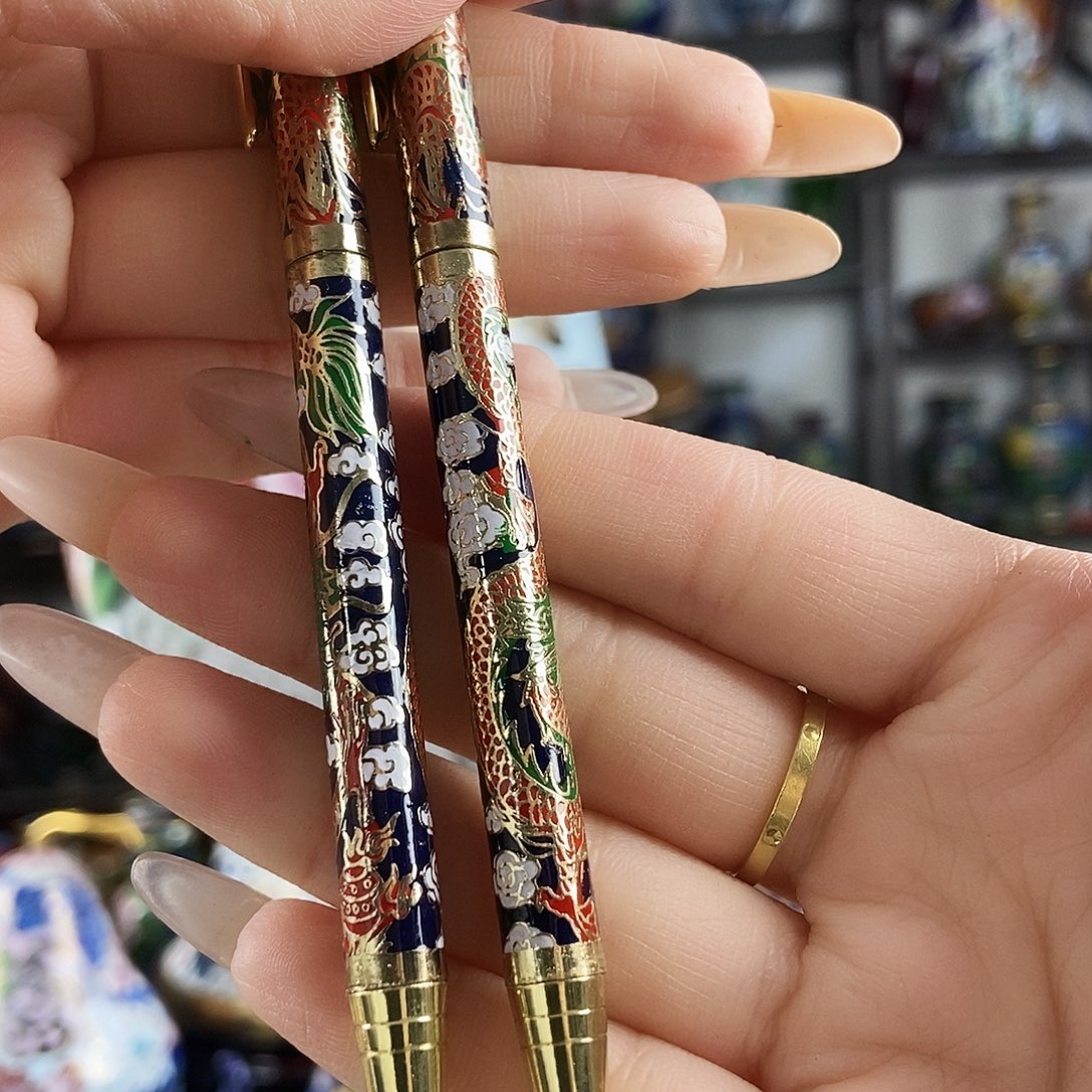 清***晨铜黑色龙款景泰蓝圆珠笔两个