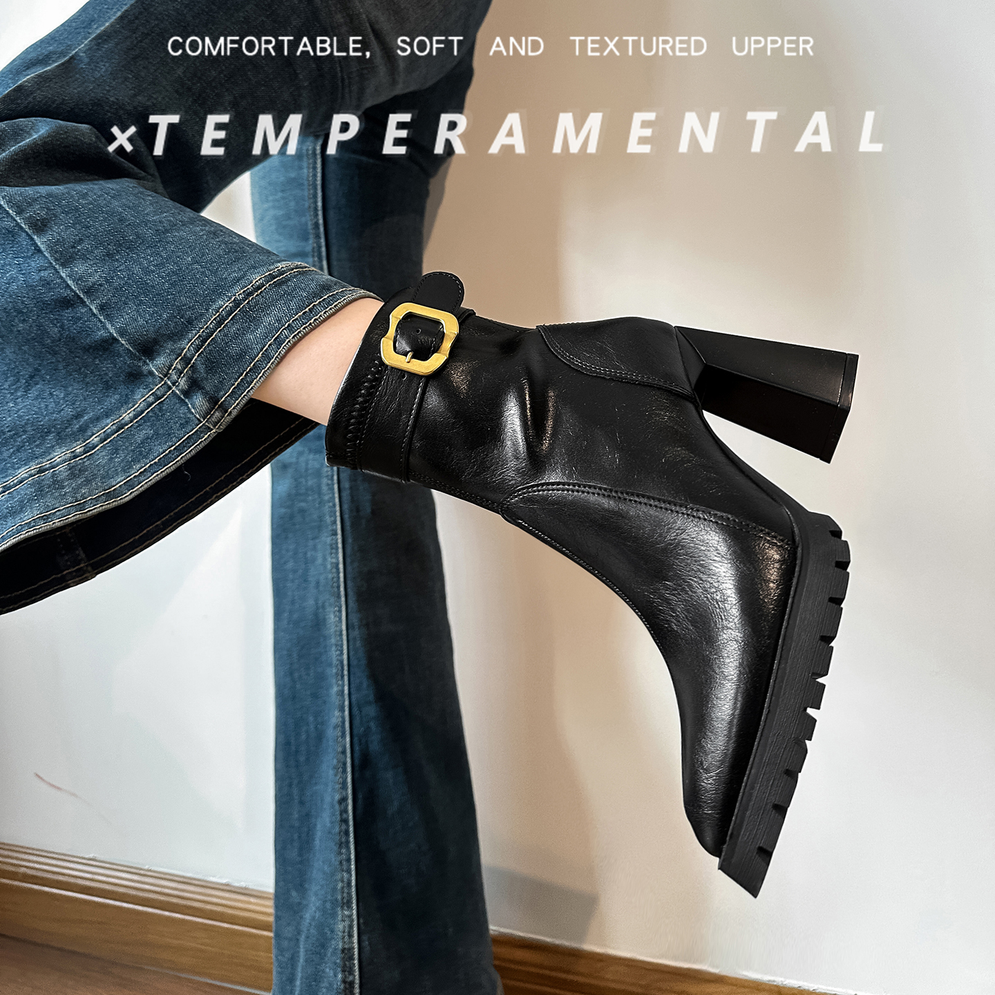 高跟尖头皮带扣防滑马丁靴粗跟尖头女鞋秋冬黑色真皮瘦瘦靴厚底