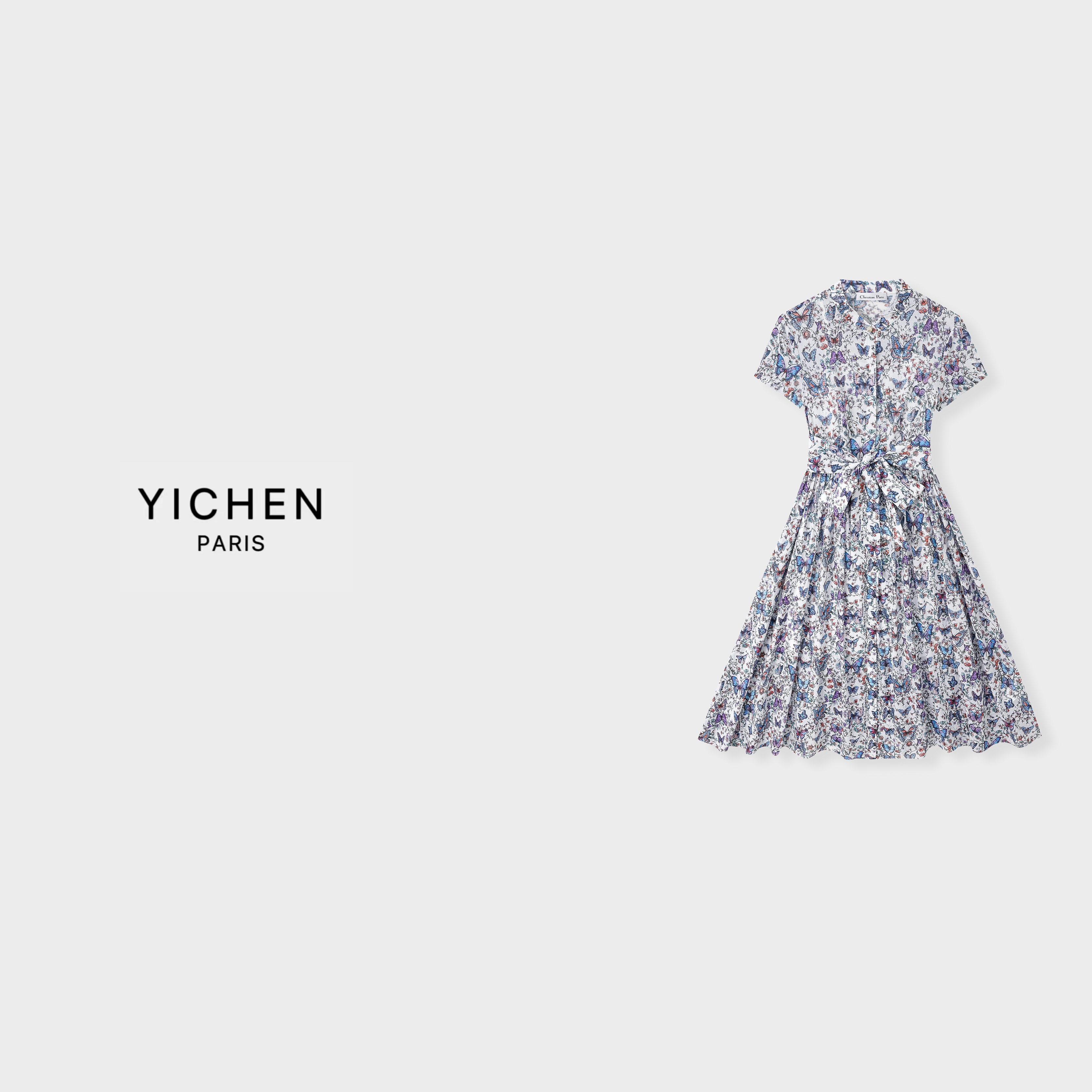 YC 蝴蝶系列印花单排扣中长款腰带赫本连衣裙-1963