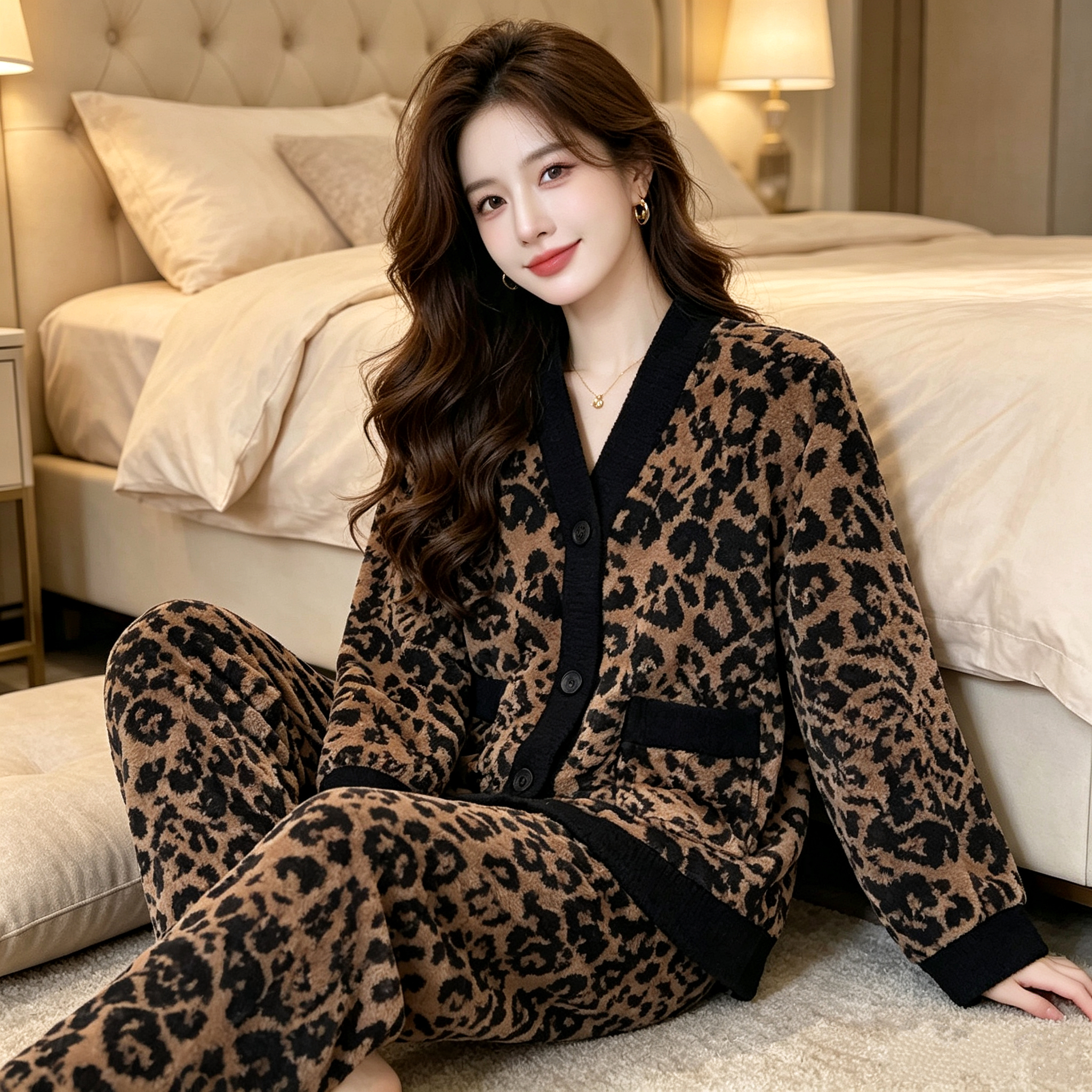 新款豹纹睡衣女秋冬家居服加绒冬季加厚保暖套装可外穿
