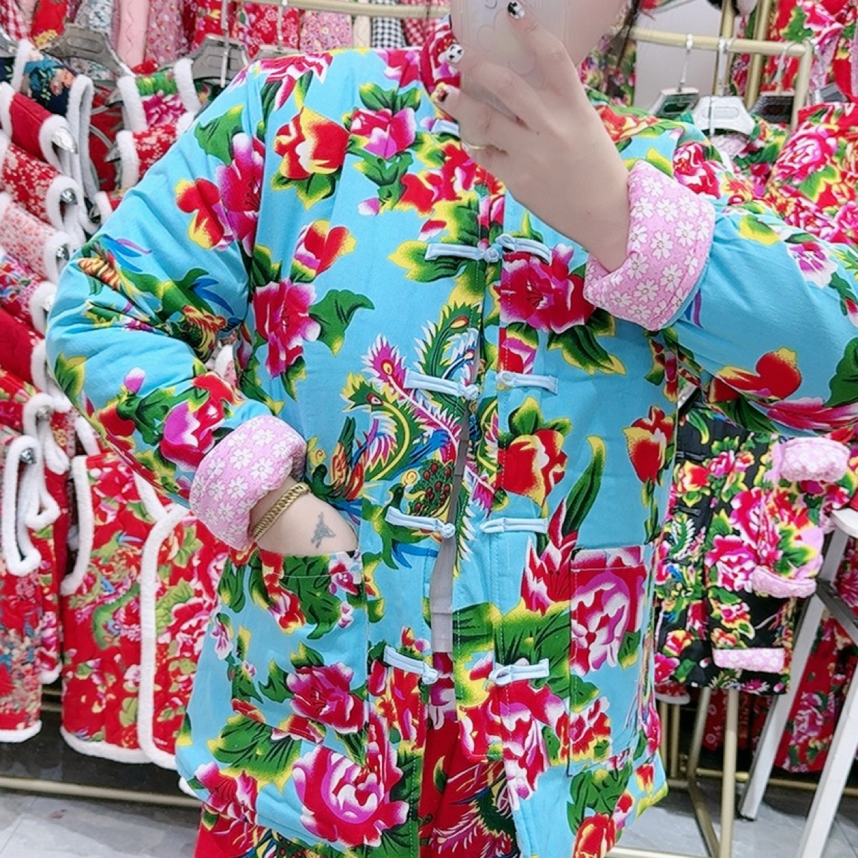 冬季新品花棉袄天蓝色花袄对襟盘扣民族风花袄