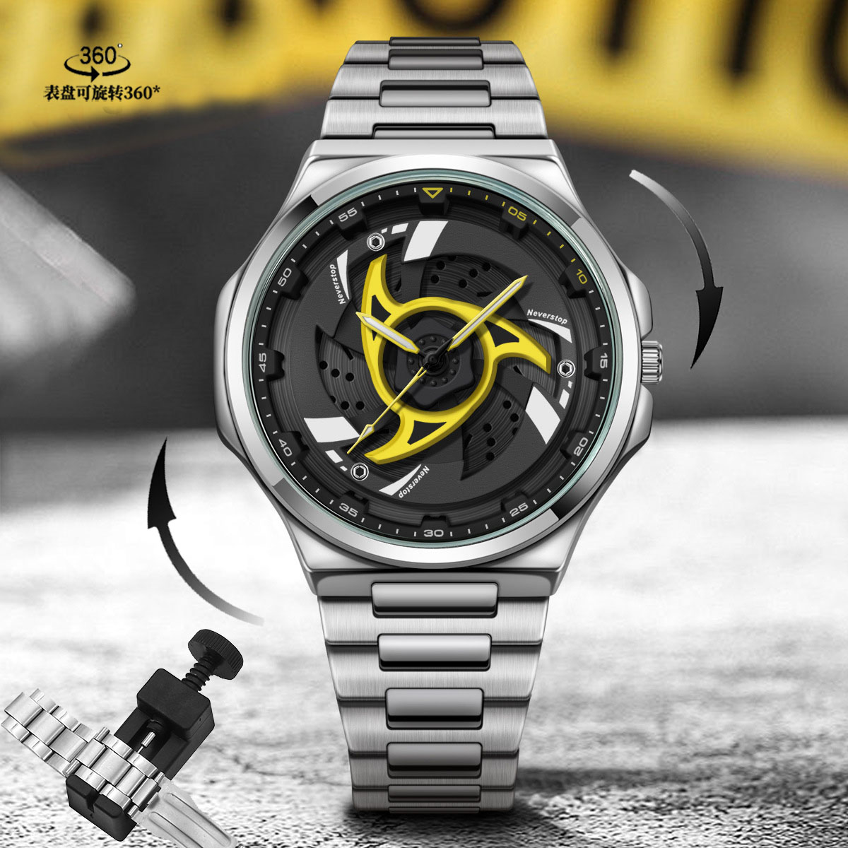 360°自由旋转男士手表防水石英表 车轮循环转圈 轮毂机车之魂机械