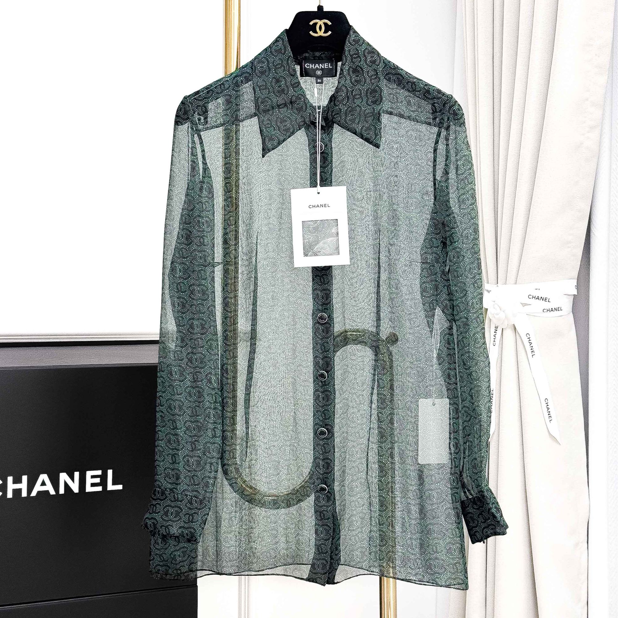 99新 Chanel/香奈儿  36码23A手工坊墨绿色透视长袖衬衫