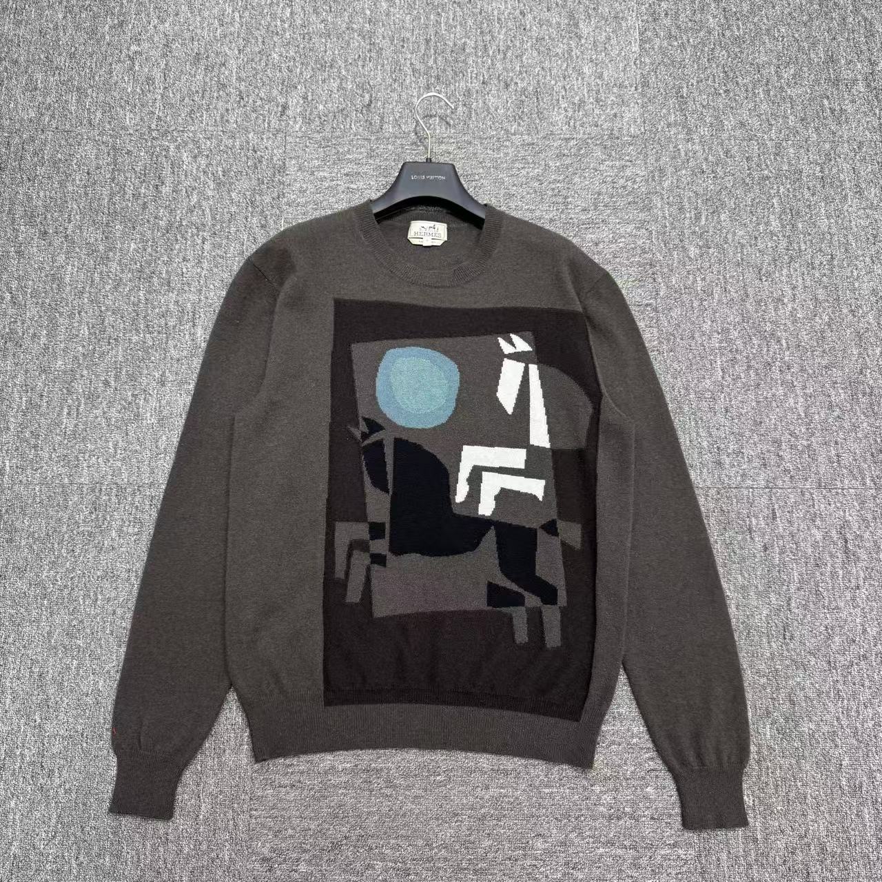 99新 Hermes/爱马仕 Hermes 图案嵌花圆领针织毛衣/M码/编码13589