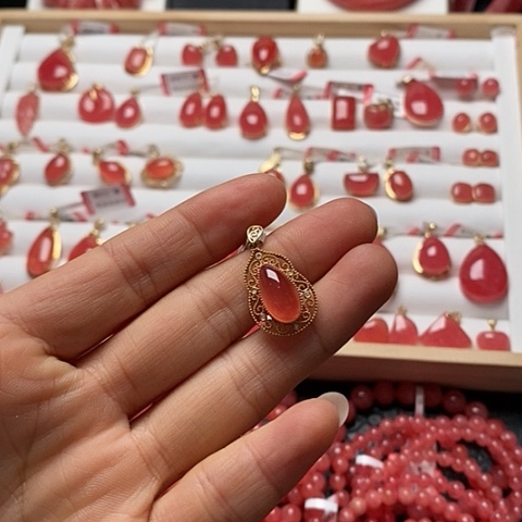 菱锰矿（红纹石）颈饰18K金镶嵌