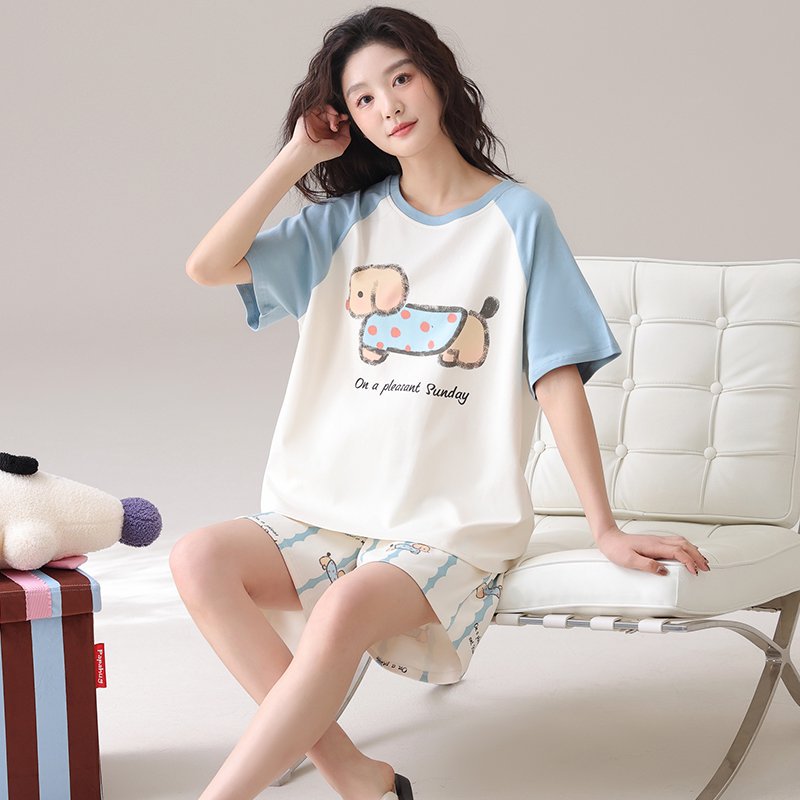 2025新款夏季女纯棉100棉短袖短裤睡衣可爱夏天家居服套装可外穿