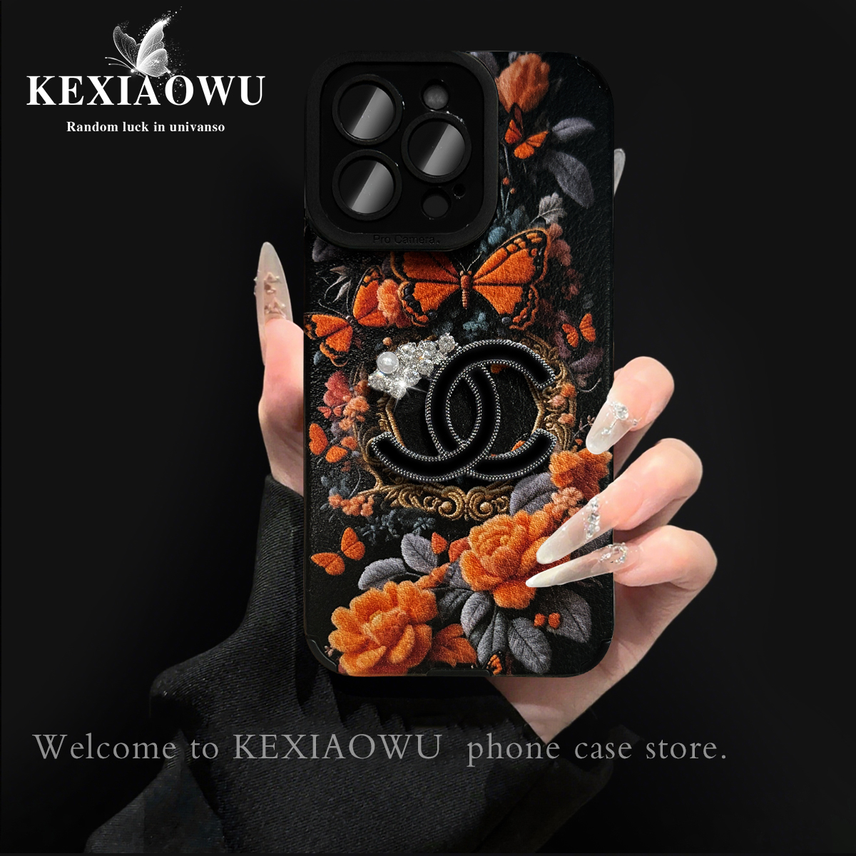 轻奢瞳眼橙色蝴蝶花洞适用苹果17PRO华为vivo小米oppo手链手机壳