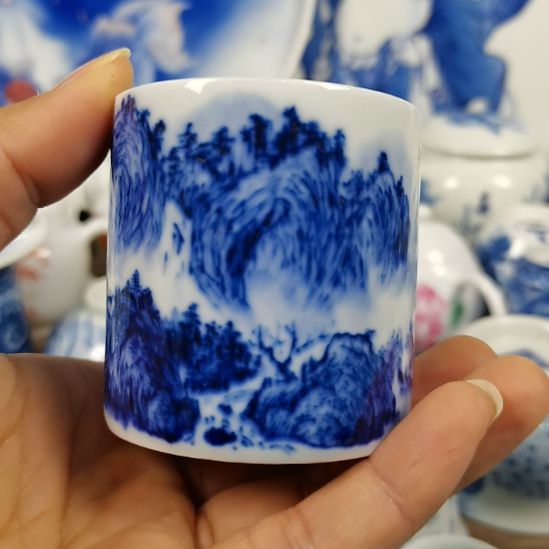 景德镇陶瓷青花山水直口杯