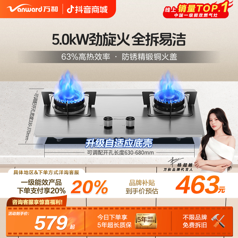 【品牌补贴】万和小灶君燃气灶猛火灶5.0kW大火力天然气不锈钢B6