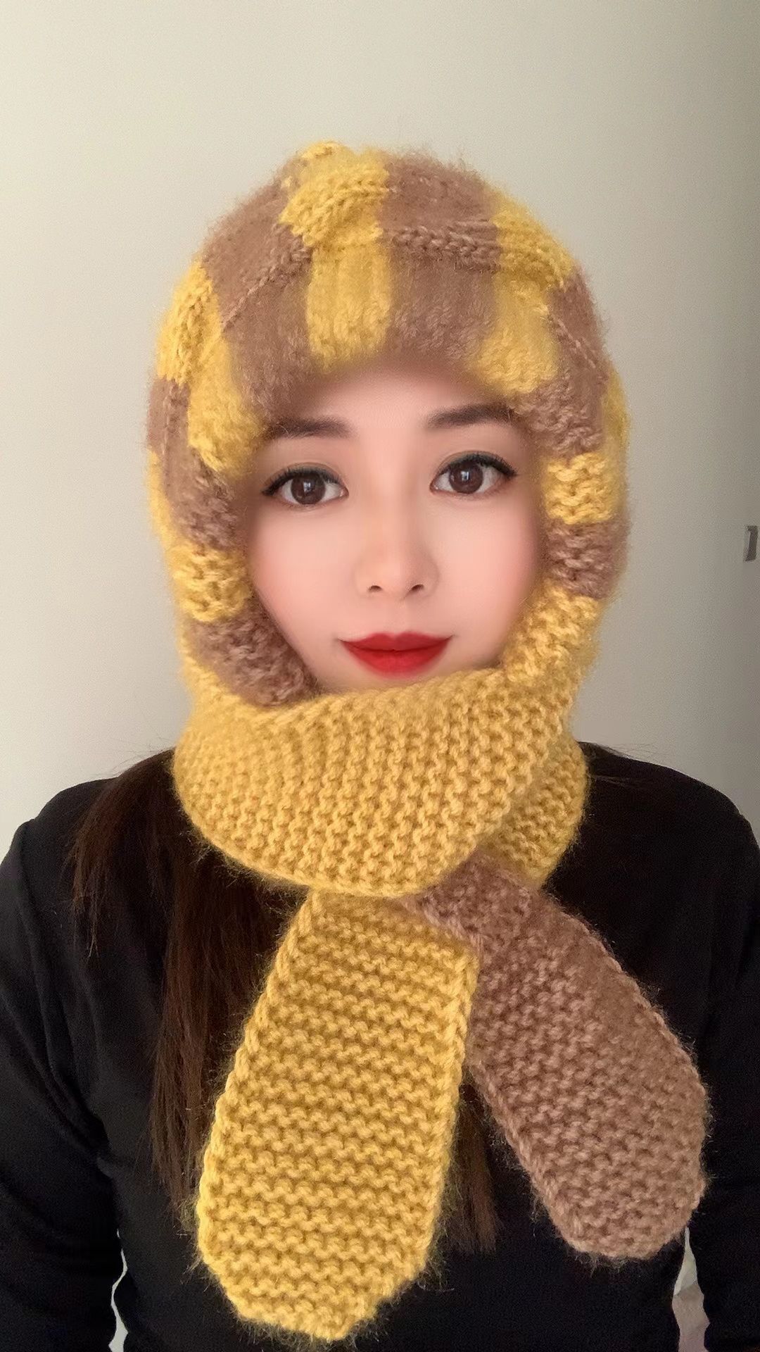 新款棋盘编织帽女士纯手工保暖围巾针织一体