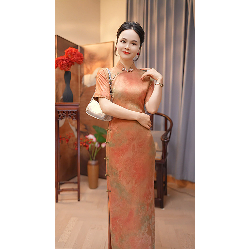 婉卿 玲珑娇高端国风旗袍桑蚕丝香云纱一片式手工古法平裁全开襟