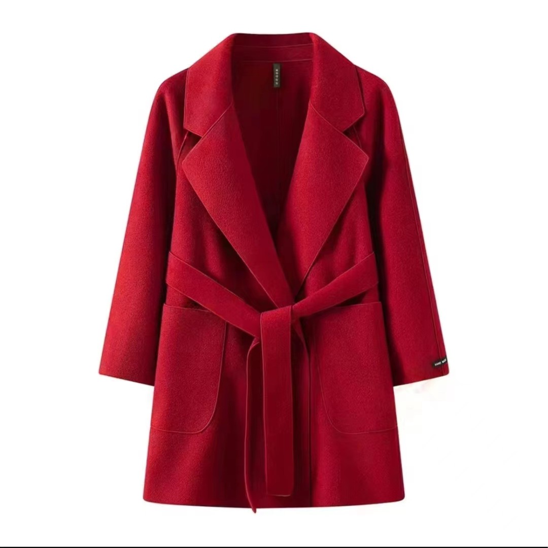 【现货】XX小个子双面绒大衣女士休闲保暖时尚显瘦系带百搭毛呢外套