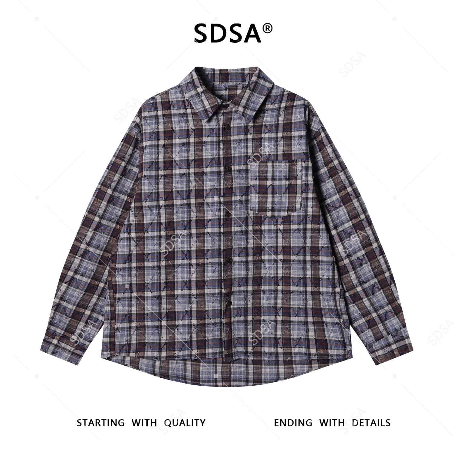 SDSA男士秋冬新款痞帅男装潮牌格纹磨破菱形格翻领长袖衬衫网红款