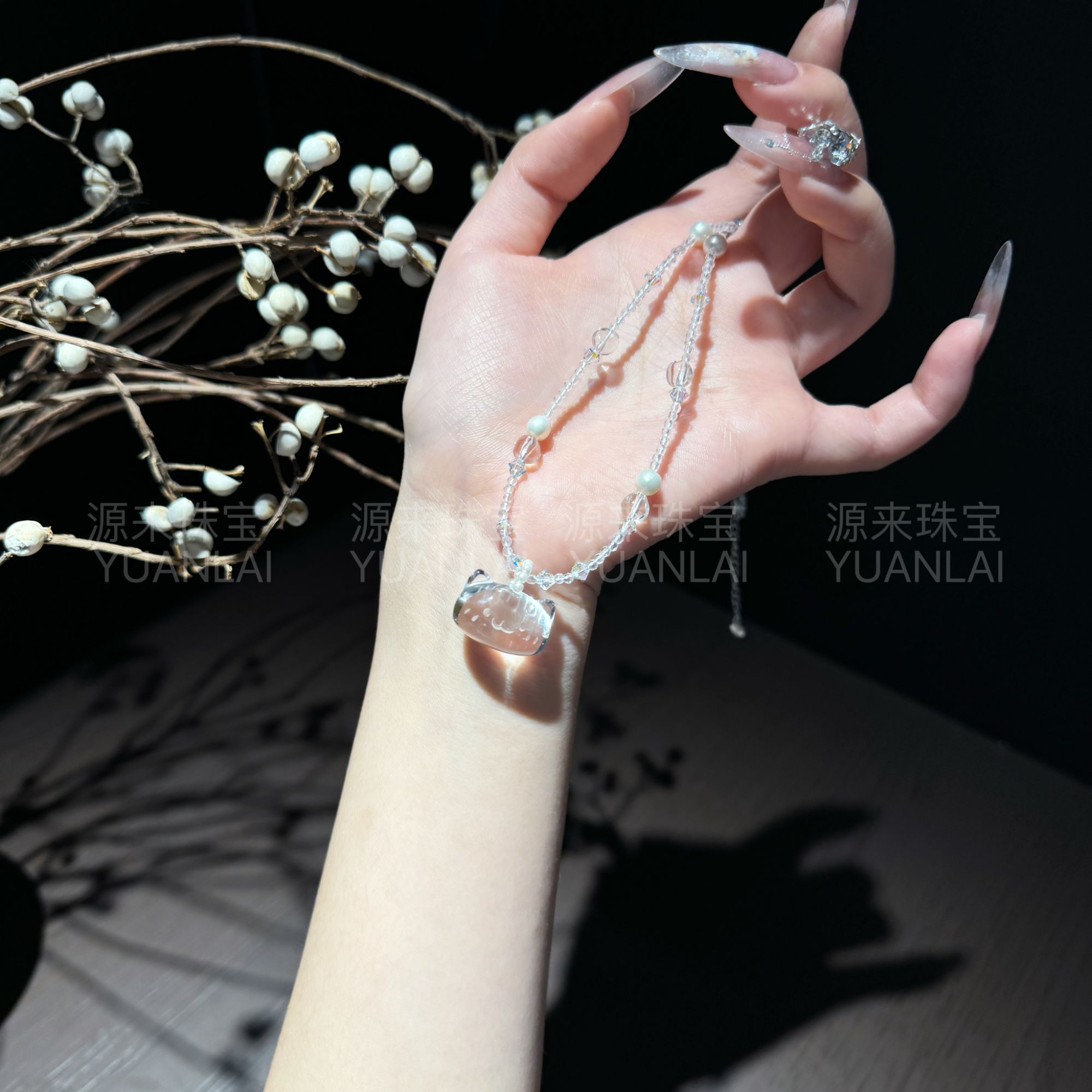 C*雪喵星*白水晶法棍猫项链YL3521
