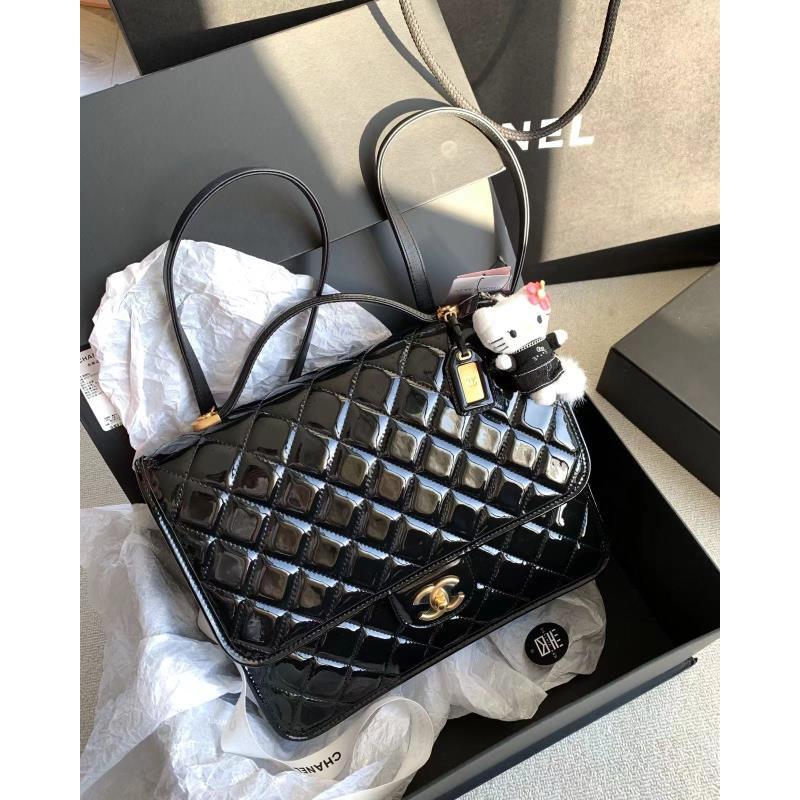 99新 Chanel/香奈儿 24期 22K黑色漆皮双肩包 30cm 17320217