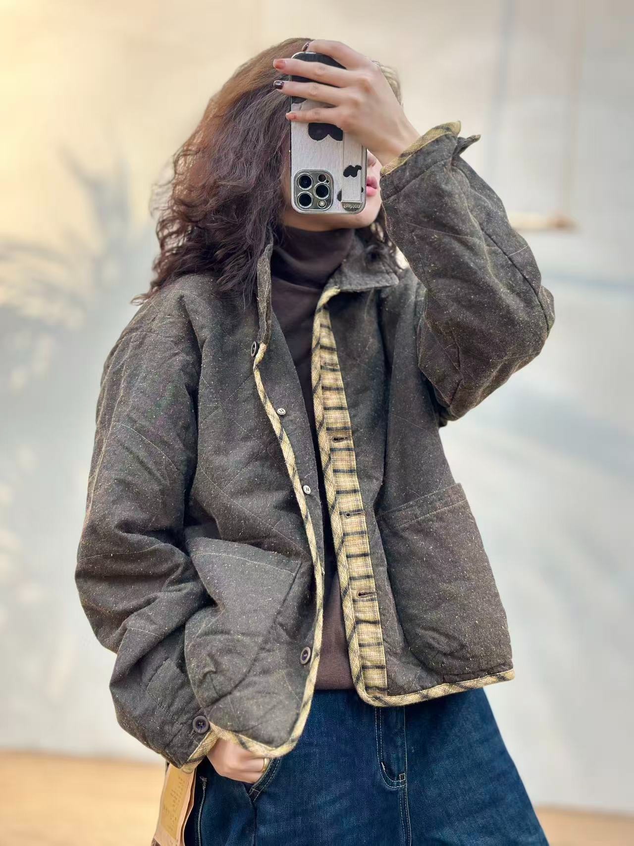 衣牧了然25619A色织纯棉双面滚边棉服文艺撞色减龄翻领棉外套