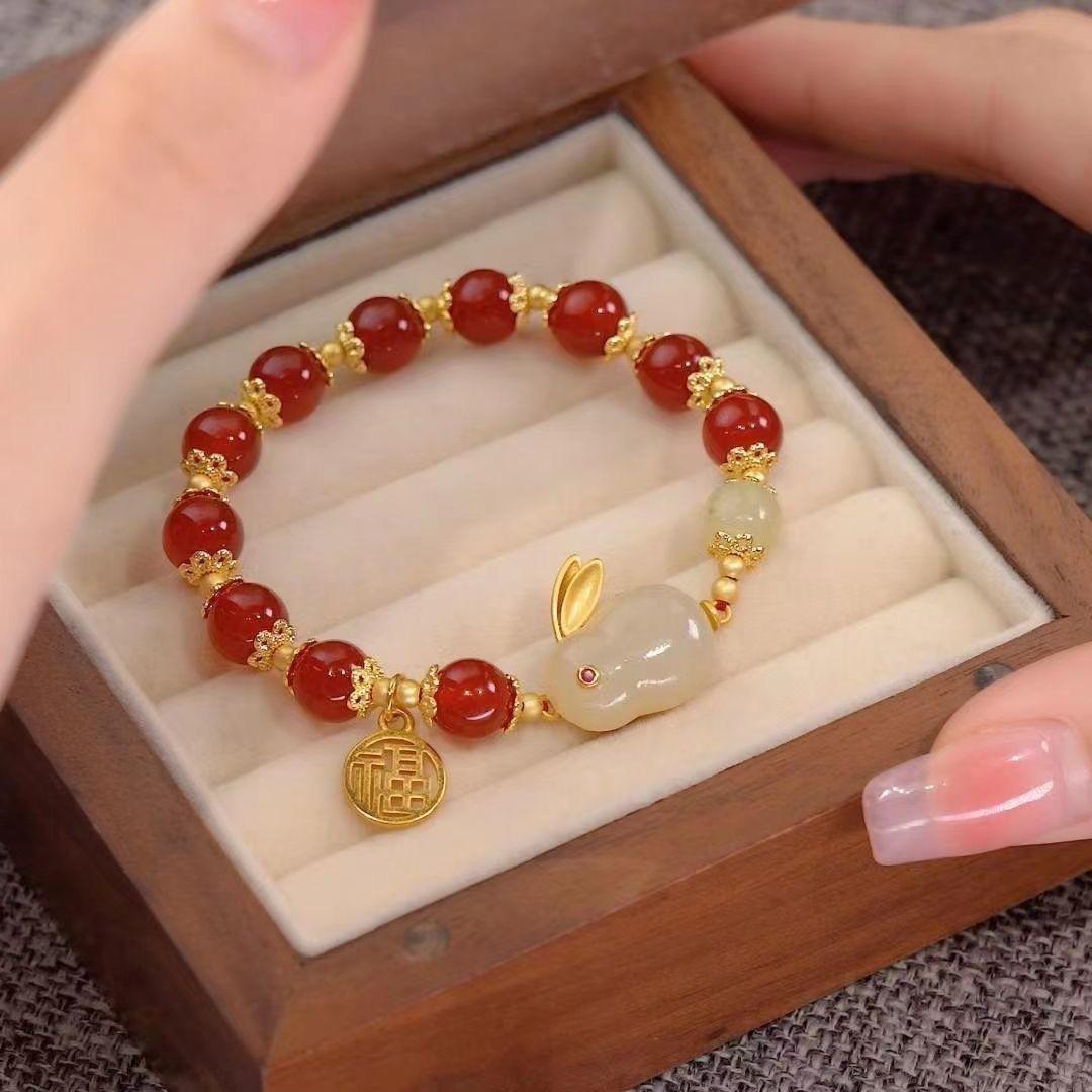 S603工艺品精品文玩玛瑙红色福字玉兔手链（无礼盒）孤品