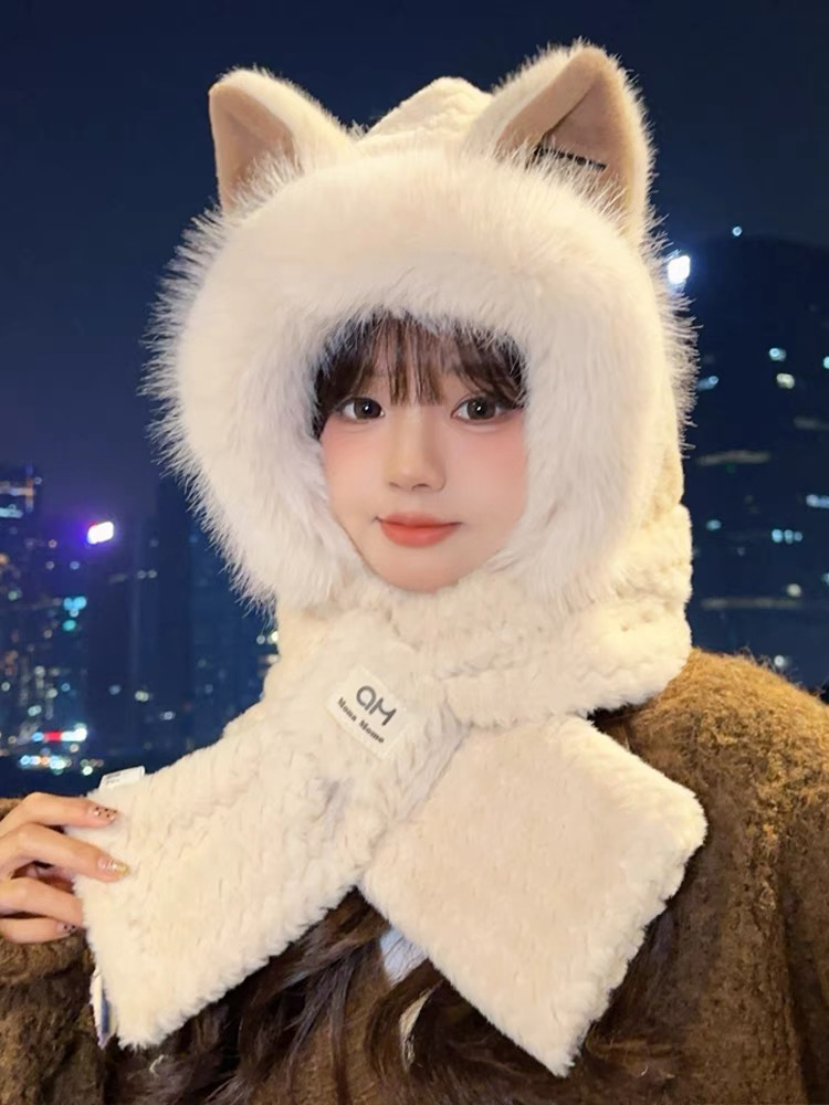 董小姐/狐狸耳朵毛绒帽子围巾一体冬季加绒骑行连帽围脖可爱保暖