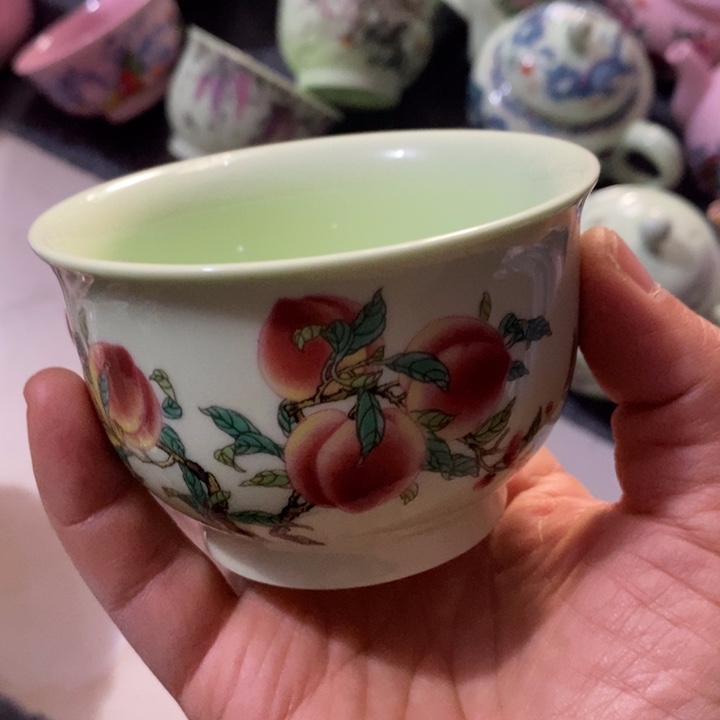 摆件陶绿稀土寿桃大压手杯