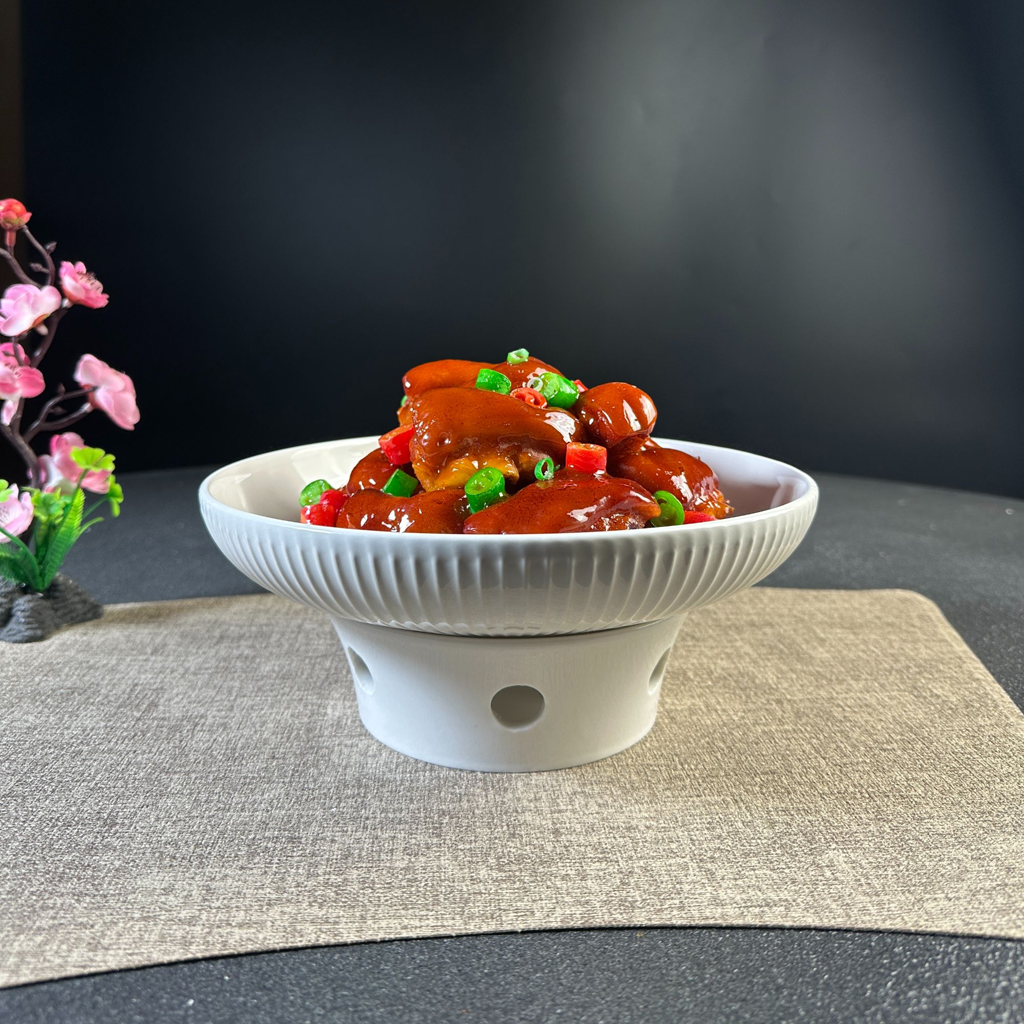 经典竖纹白瓷加热保温明炉酒店商用家用纯白盘子高档餐具品质好物