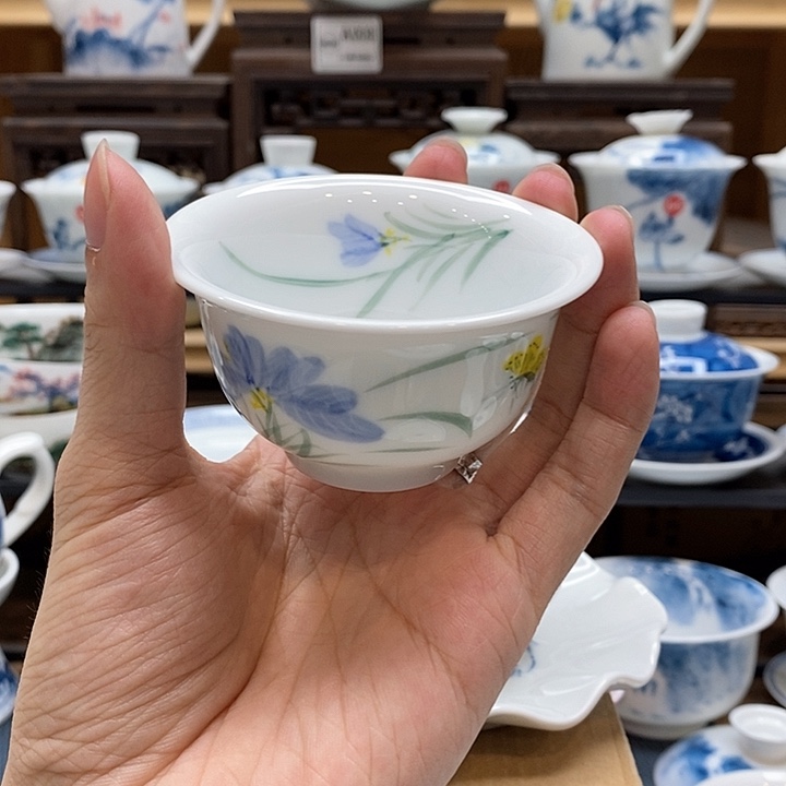 手绘蝴蝶兰85cc压手杯釉下彩微瑕福利款