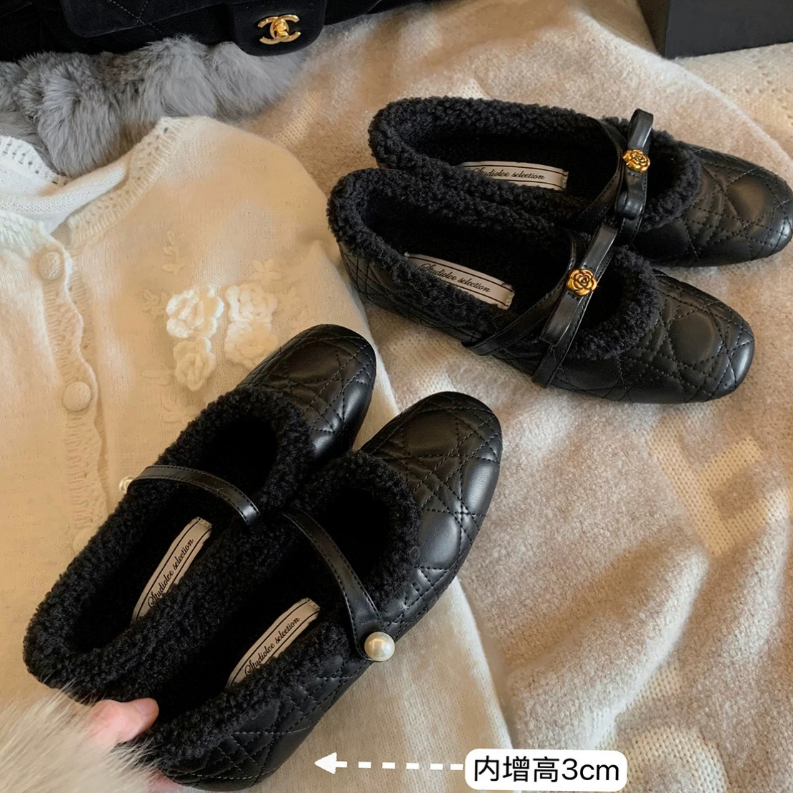 加绒保暖毛毛鞋女2025秋冬新款增高5CM玛丽珍女鞋菱格山茶花女鞋