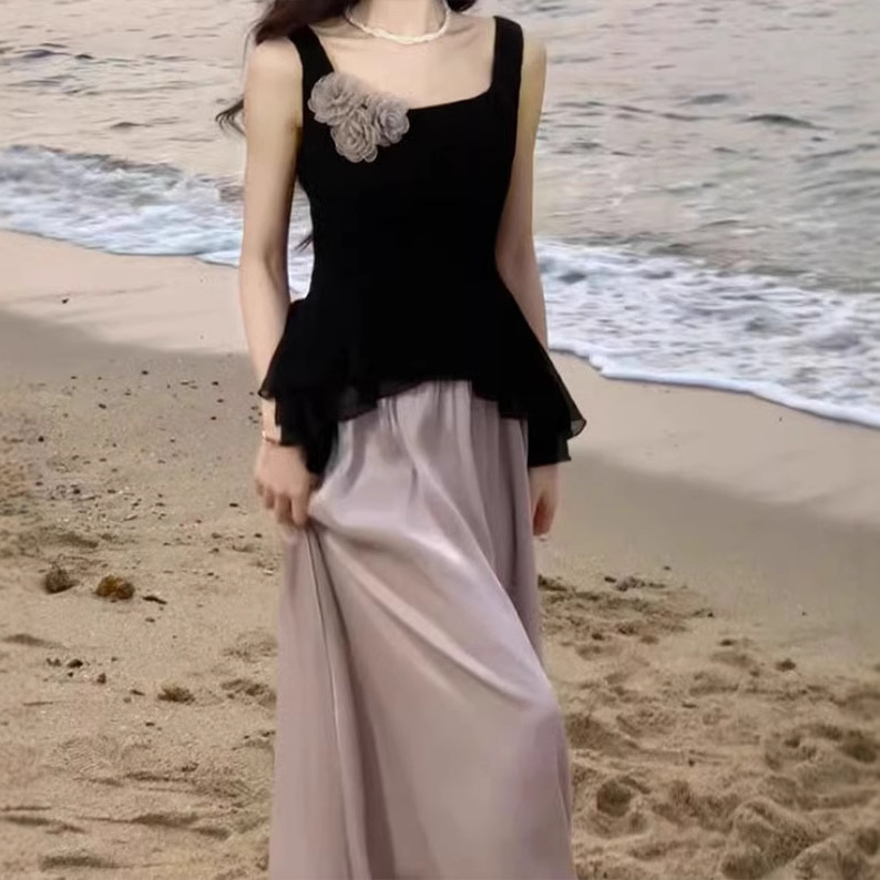 2025套装女夏季设计感背心外穿无袖上衣高腰半身裙长裙