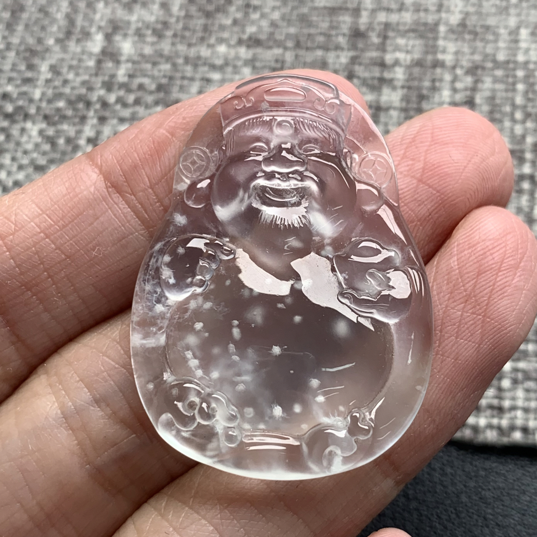 天然A货缅甸翡翠 雪花棉财神35.7-26.4-4.8