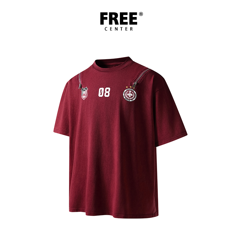 Free Center美式复古做旧数字印花短袖t恤男女夏季宽松情侣半袖潮