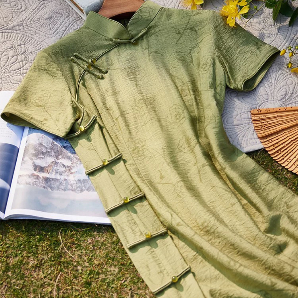 【3026 水墨玫瑰 绿色 】显瘦气质修身优雅复古旗袍