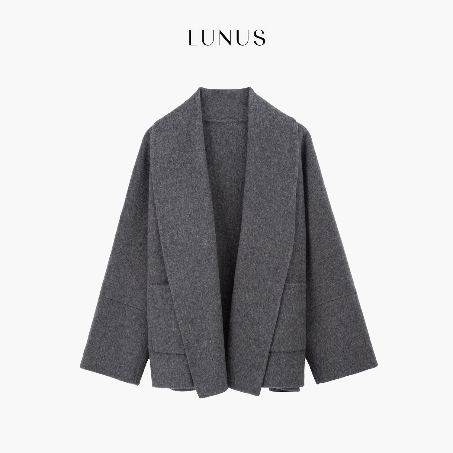 LUNUS「寒露」100羊毛极简老钱浴袍翻领短款灰色格雷系大衣外套女