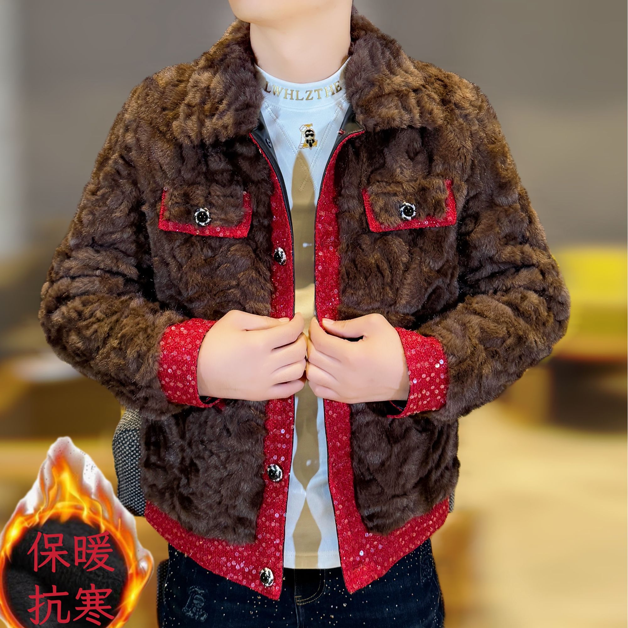 2025男士冬季新款休闲时尚真皮拼接小香风百搭重工保暖大金貂外套