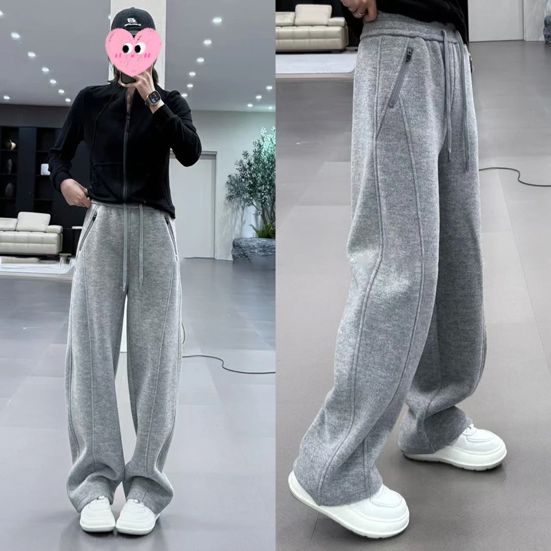 侧拉链口袋灰色加绒休闲女2025冬季新款宽松显瘦加厚阔腿直筒长裤