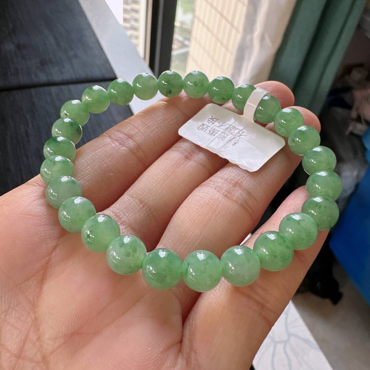 缅甸天然A货翡翠手串卡7.4mm老坑水润糯冰种满绿飘花圆珠女款手串
