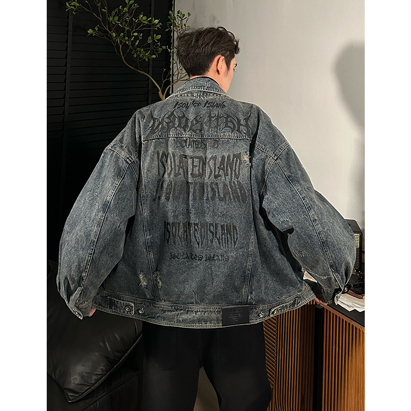 【可脱卸羽绒服】后背印花牛仔外套冬季时尚宽松翻领羽绒服男
