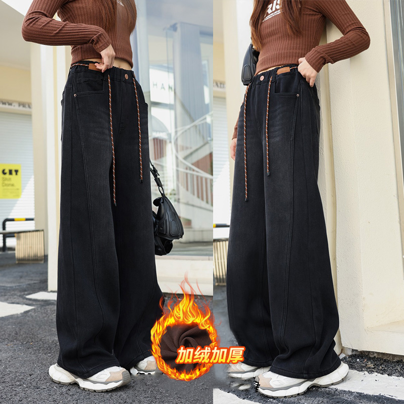 青少年女童加绒牛仔裤2025冬季新款中大童简约时尚高腰显瘦直筒裤