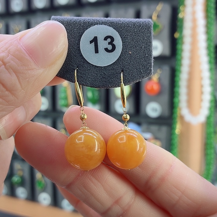 蜜蜡18K金镶嵌耳饰