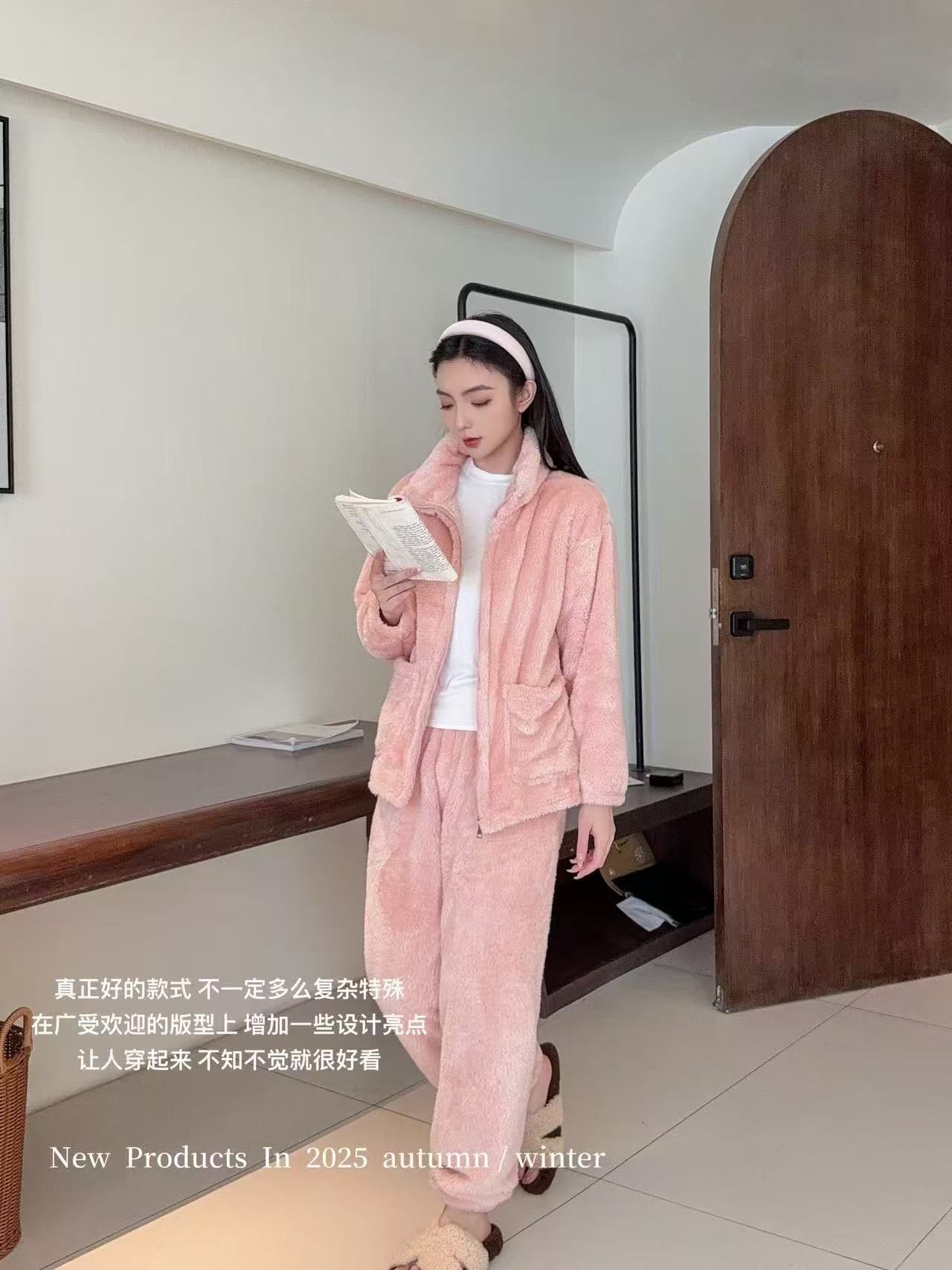 0682#立领拉链款珊瑚绒睡衣套装女士纯色时尚保暖家居服套装秋冬