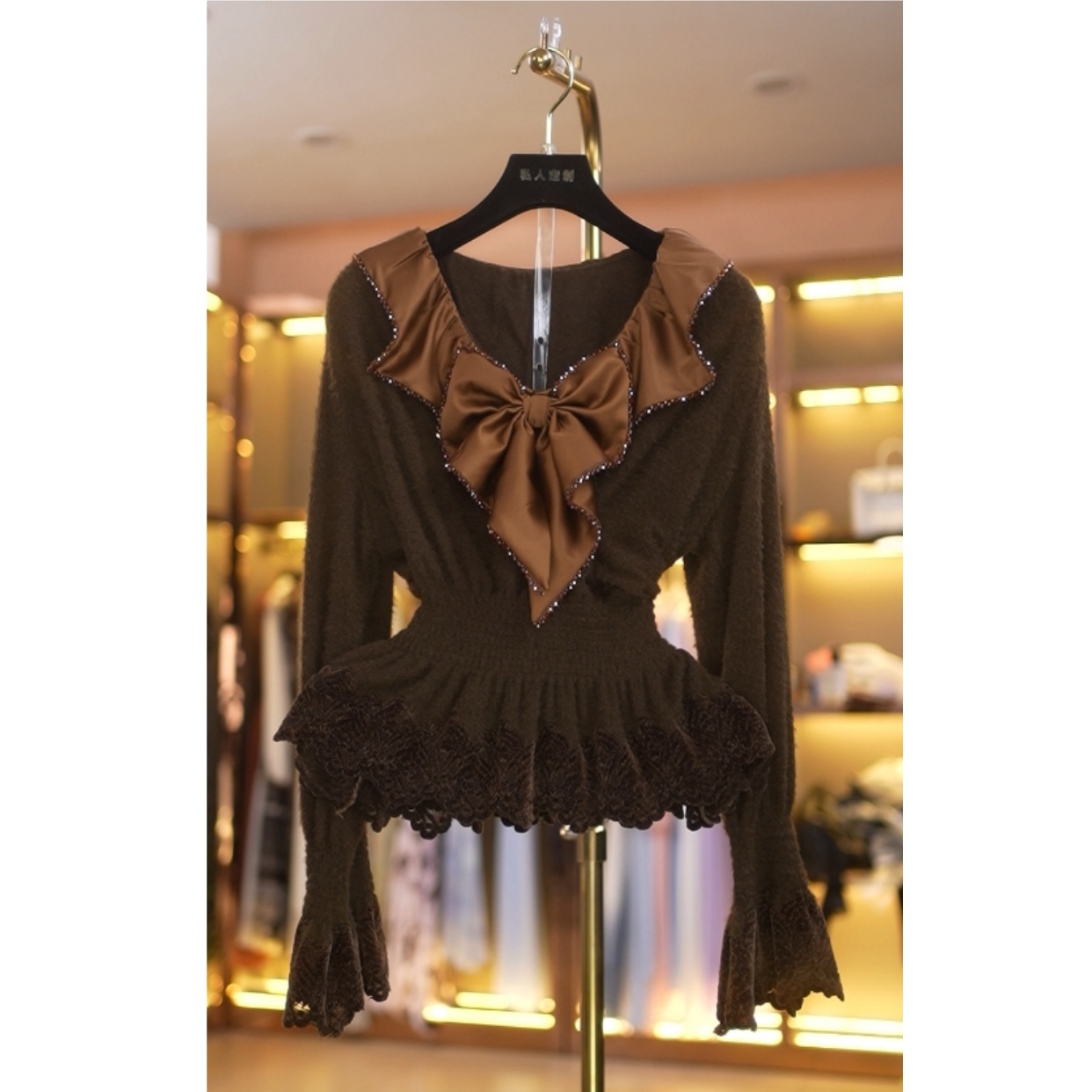 【娟专属】蝴蝶结带钻设计感气质法式拼接蝴蝶结长袖蕾丝上衣7079-1